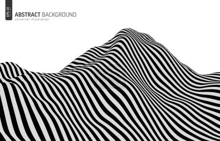 Photo for Abstract mountain landscape background. Terrain. Black and white perspective sea wave lines. Pattern with optical illusion. 3D Vector minimal illustration. Technology cyberspace. Striped hill - Royalty Free Image