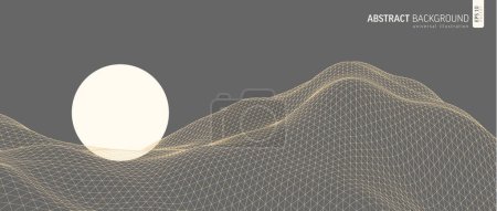 Photo for Mountains, sun, valleys and hills vector landscape. Abstract wireframe grid background. 3D grid technology illustration. Digital cyberspace, terrain. Perspective sea wave lines. Geometric pattern - Royalty Free Image