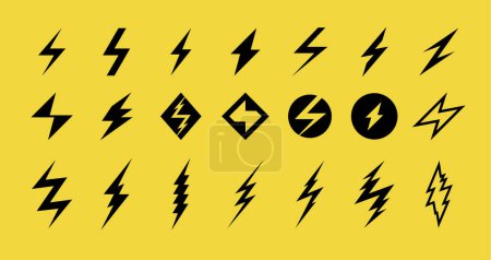 Photo for Lightning vector signs, graphic design elements set. Powerful bolt icons, thunder symbols, flash pictograms. Electricity power, battery charge, thunderstorm, danger and electric company logo. - Royalty Free Image