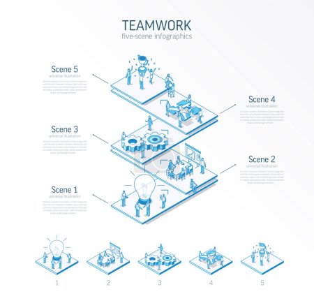 Photo for 3d line isometric teamwork infographic template. Office work. success, communication presentation layout. 5 option steps, process parts, growth concept. Business people team. Cooperation, trophy icon. - Royalty Free Image