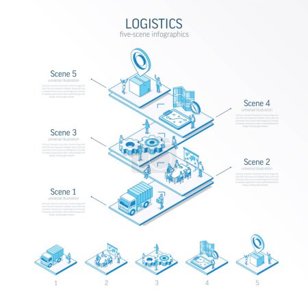 Photo for 3d line isometric Global Logistics infographic template. Import, export presentation layout. 5 option steps, process parts, growth concept. Business people team. Transport, delivery, distribution icon - Royalty Free Image
