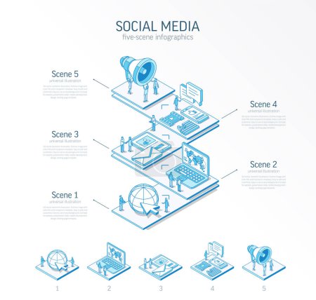 Photo for 3d line isometric Social Media Network infographic template. News, content, communication presentation layout. 5 option steps, process parts, growth concept. Business people team. Digital market icon - Royalty Free Image