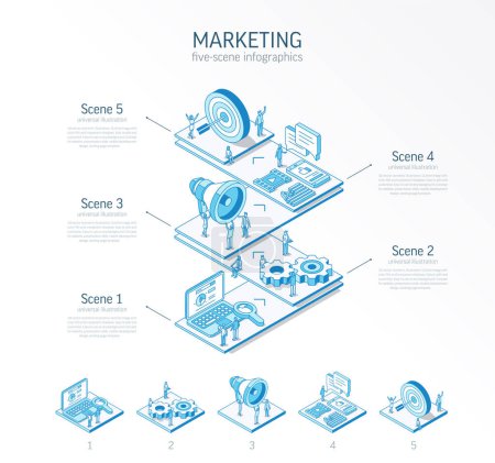 Photo for 3d line isometric digital marketing infographic template. Mobile advertising strategy, seo presentation layout. 5 option steps, process parts, growth concept. Business people team. Social media icons - Royalty Free Image