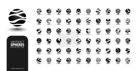 Photo for 3D spheres logo set, geometric shapes collection, vector abstract icon, graphic design elements. Round, circle form business logotypes. Minimalistic halftone black globe, ball with dot, wave, line. - Royalty Free Image