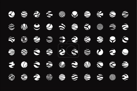 Photo for 3D spheres logo set, geometric shapes collection, vector abstract icon, graphic design elements. Round, circle form business logotypes. Minimalistic halftone white globe, ball with dot, wave, line. - Royalty Free Image