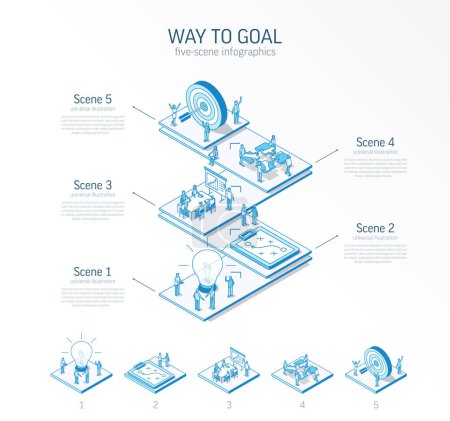 Photo for 3d line isometric way to goal infographic template. Development process presentation layout. 5 option steps, process parts, growth concept. Business people team. Strategy, market success solution icon - Royalty Free Image