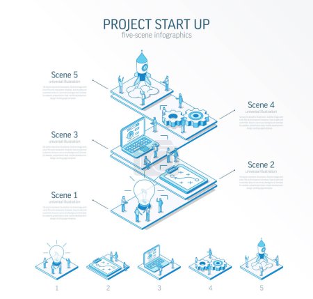 Photo for 3d line isometric Project Start Up infographic template. Success startup, innovation product presentation layout. 5 option steps, process parts growth concept. Business people team. Rocket launch icon - Royalty Free Image