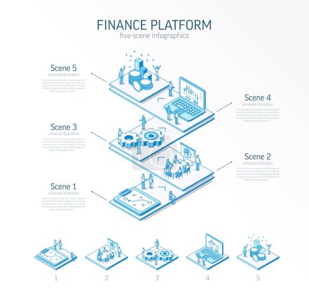 Photo for 3d line isometric finance platform infographic template. Bank data analysis, presentation layout. 5 option steps, process parts, growth concept. Business people team. Analytics, fintech, money icon - Royalty Free Image