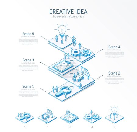 Photo for 3d line isometric innovative creative idea infographic template. Startup, teamwork presentation layout. 5 option steps, process parts, growth concept. Business people team. Bulb, grow up, plan icon - Royalty Free Image