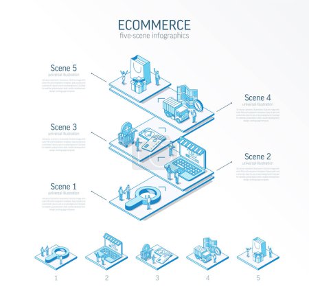 Photo for 3d line isometric ecommerce infographic template. Online shop, customer journey presentation layout. 5 option steps, process parts growth concept. Business people team. Market consumer experience icon - Royalty Free Image