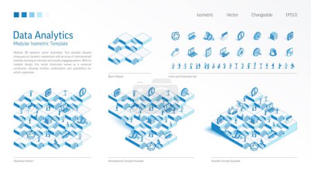 Photo for Big data analytics modular isometric constructor. Seamless pattern base, line icon, character set. Develop, growth up stairs, teamwork concept. Seo tech, report, analysis platform. Business infograph - Royalty Free Image