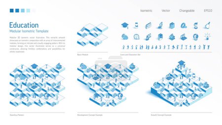 Photo for Knowledge, education modular isometric constructor. Seamless pattern base, line icon, character set. Develop, growth up stairs, teamwork concept. Elearn school, university platform. Business infograph - Royalty Free Image