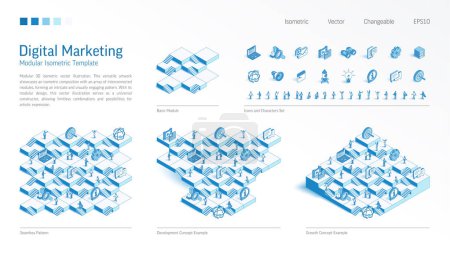 Photo for Digital marketing modular isometric constructor. Seamless pattern base, line icon, character set. Develop, growth up stairs, teamwork concept. Advertising strategy, seo platform. Business infograph - Royalty Free Image