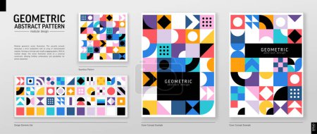 Photo for Geometric Retro Pattern. Color Abstract Shape Background. Graphic Design Elements Set. Modern Bauhaus Vector Art. Corporate Poster, Banner, Cover. Triangle, Star, Square, Circle Forms. Grid Construct - Royalty Free Image