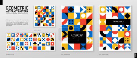 Illustration for Geometric Retro Pattern. Color Abstract Shape Background. Graphic Design Elements Set. Modern Bauhaus Vector Art. Corporate Poster, Banner, Cover. Triangle, Square, Circle Forms. Module Grid Construct - Royalty Free Image