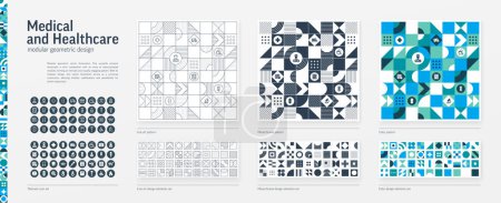 Photo for Medical and Healthcare. Modular Geometric Design. Thin Line, Black, White and Color style Pattern. Health Care Graphic Elements Set. Doctor, Cross Icon. Triangle, Square, Circle Forms. Grid Construct - Royalty Free Image