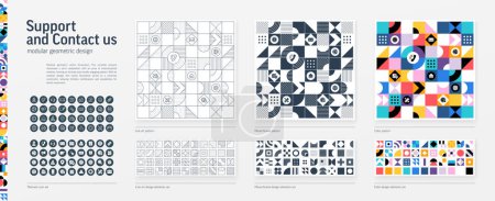 Photo for Support, Contact Us Modular Geometric Design. Thin Line, Black, White and Color style Pattern. Tech Graphic Elements Set. Chat Service, Phone Call Icon. Triangle, Square, Circle Forms. Grid Construct - Royalty Free Image