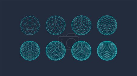 3D Geometric shapes set, editable stroke wireframe. Line mesh spheres, geodesic dome. Vector outline figure collection, linear form, graphic design element. Architectural surface, organic concept.