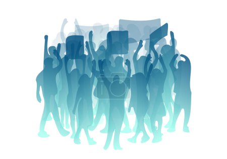 Abstract people silhouettes. Hands up, hold banners. Social conflict illustration. Diverse crowd, community, society. Protest strike, revolution picket concept. Public manifest abstract vector art
