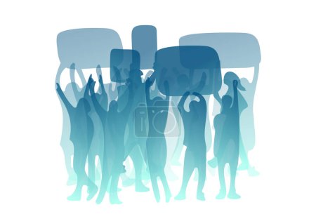 Abstract people silhouettes. Hands up, hold banners. Social conflict vector illustration. Diverse crowd, community, society. Protest strike, revolution picket concept. Basketball football sport fans
