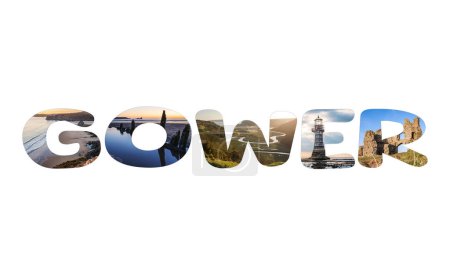 Photo for Gower sign with the Beautiful Gower Peninsula Sights and Landmarks photos, isolated collage on white background. Wales, United Kingdom. - Royalty Free Image