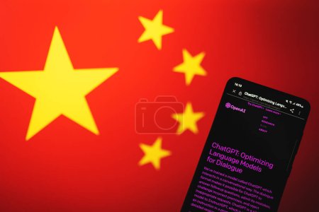 Photo for ChatGPT Open AI chat bot page on phone screen with China flag background. China bans Chat GPT access concept. Swansea, UK - February 21, 2023. - Royalty Free Image