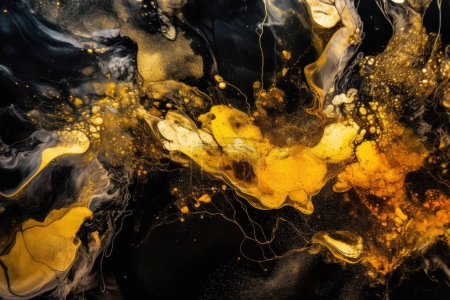 Fondo abstracto con colores negro y dorado. Papel pintado de arte fluido de resina epoxi. Remolinos, células y efecto polvo de oro. Un telón de fondo moderno. IA generativa.