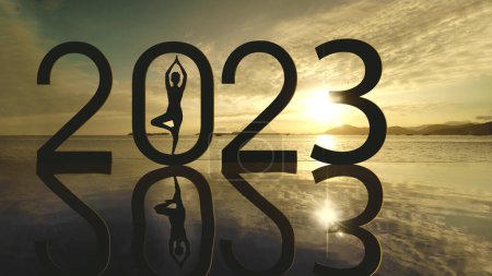 Téléchargez les photos : Silhouette de femme inconnue exerçant le yoga sur la plage tropicale tout en se tenant debout avec 2023 numéros à l'heure du coucher du soleil - en image libre de droit