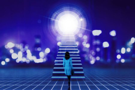 Hologram of a businesswoman standing by stairs looking at bright light - Metaverse future concept