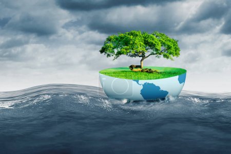 Photo for Earth day - Design with 3D globe map, tree and water on a cloudy day - Royalty Free Image