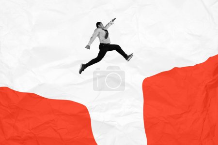 Téléchargez les photos : Homme d'affaires sautant par-dessus une falaise Collage 3D à la mode dans le style magazine. L'art contemporain. Design moderne - en image libre de droit
