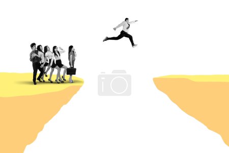 Photo for Businessman jumping while other business people shocked 3d collage in magazine style. Contemporary art. Modern design - Royalty Free Image