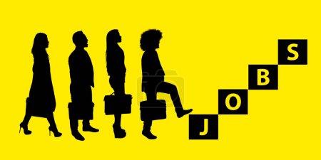 Téléchargez les photos : Silhouette hommes d'affaires debout devant le texte EMPLOIS sur fond jaune - en image libre de droit