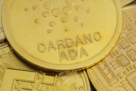 Close up shot of Cardano coins. Crypto currency, bitcoin. BTC, Bit Coin. Blockchain technology, bitcoin mining