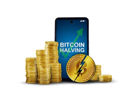 Foto de Concepto de reducción a la mitad de Bitcoin - Montón de monedas de bitcoin con teléfono móvil aislado sobre fondo blanco - Imagen libre de derechos