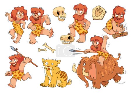 Illustration for Prehistoric people. Stone age life. Colorful cartoon characters. Funny vector illustration. Isolated on white background. Children set - Royalty Free Image