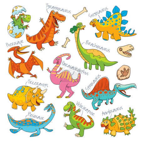 Funny dinosaurs drawn in comic style. Colorful cartoon characters. Vector illustration. Isolated on white background