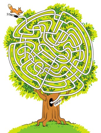 Illustration for Help a little squirrel through a maze shaped like branches and a tree. Children puzzle. Kids maze. Colorful cartoon characters. Funny vector illustration. Isolated on white background - Royalty Free Image