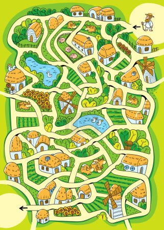 Téléchargez les illustrations : Puzzle labyrinthe enfants. Aidez-nous à atteindre le but le long des routes enchevêtrées du village. Personnage de dessin animé coloré. Illustration vectorielle drôle - en licence libre de droit