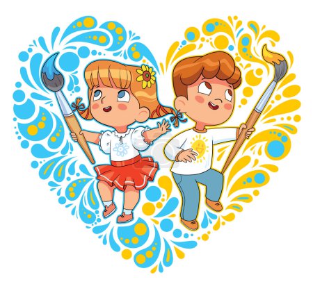Téléchargez les illustrations : Garçon et fille peignent avec des pinceaux un grand ornement jaune bleu en forme de coeur. Personnages de dessins animés colorés. Illustration vectorielle drôle. Isolé sur fond blanc - en licence libre de droit