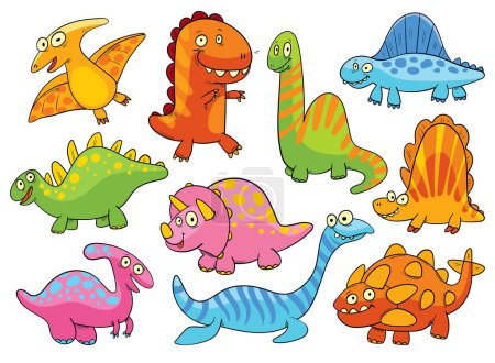 Ein Set niedlicher Dinosaurier. Bunte Zeichentrickfiguren. Lustige Vektorillustration. Isoliert auf weißem Hintergrund