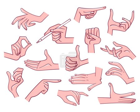 Verschiedene Handbewegungen. Set von Cartoon-Vektor-Illustrationen. Isoliert auf weißem Hintergrund