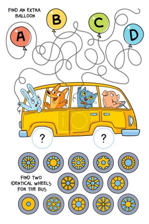 Illustration for Find two identical wheels for the bus. Where is whose balloon. Find an extra balloon. Educational game for children. Colorful cartoon characters. Funny vector illustration - Royalty Free Image