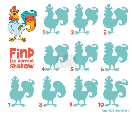 Rooster. Find the correct shadow. Educational game for children. Cartoon vector illustration. Isolated on white background