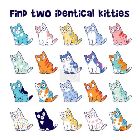 Illustration for Find two identical kitties. Colorful kids puzzle. Set of cartoon vector illustrations. Isolated on white background - Royalty Free Image