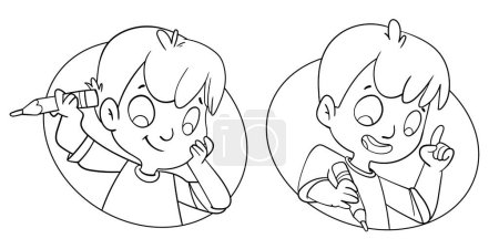 Illustration for Boy wondered, searching for an answer. And Boy found solution. Template for children design. Black and white cartoon characters. Funny vector illustration. Comic style. Isolated on white background - Royalty Free Image