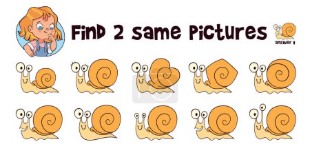 Illustration for Snail. Find two same objects. Educational game for children. Cartoon vector illustration. Isolated on white background - Royalty Free Image