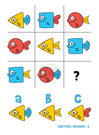 Logical tasks composed of fish. IQ test. Choose correct answer. Educational game for children. Colorful cartoon characters. Funny vector illustration. Isolated on white background