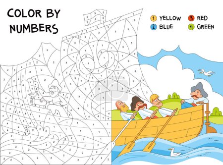 Téléchargez les illustrations : Color by numbers. Pirates sailing on a boat. Educational game for kids. Children Coloring Book. Colorful cartoon characters. Funny vector illustration - en licence libre de droit
