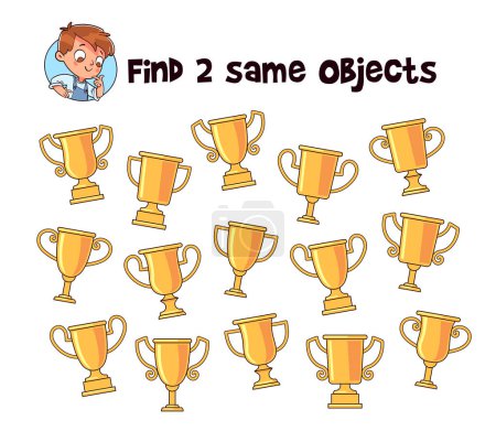 Find 2 same objects. Educational game for children. Choose correct answer. Colorful cartoon characters. Funny vector illustration. Isolated on white background